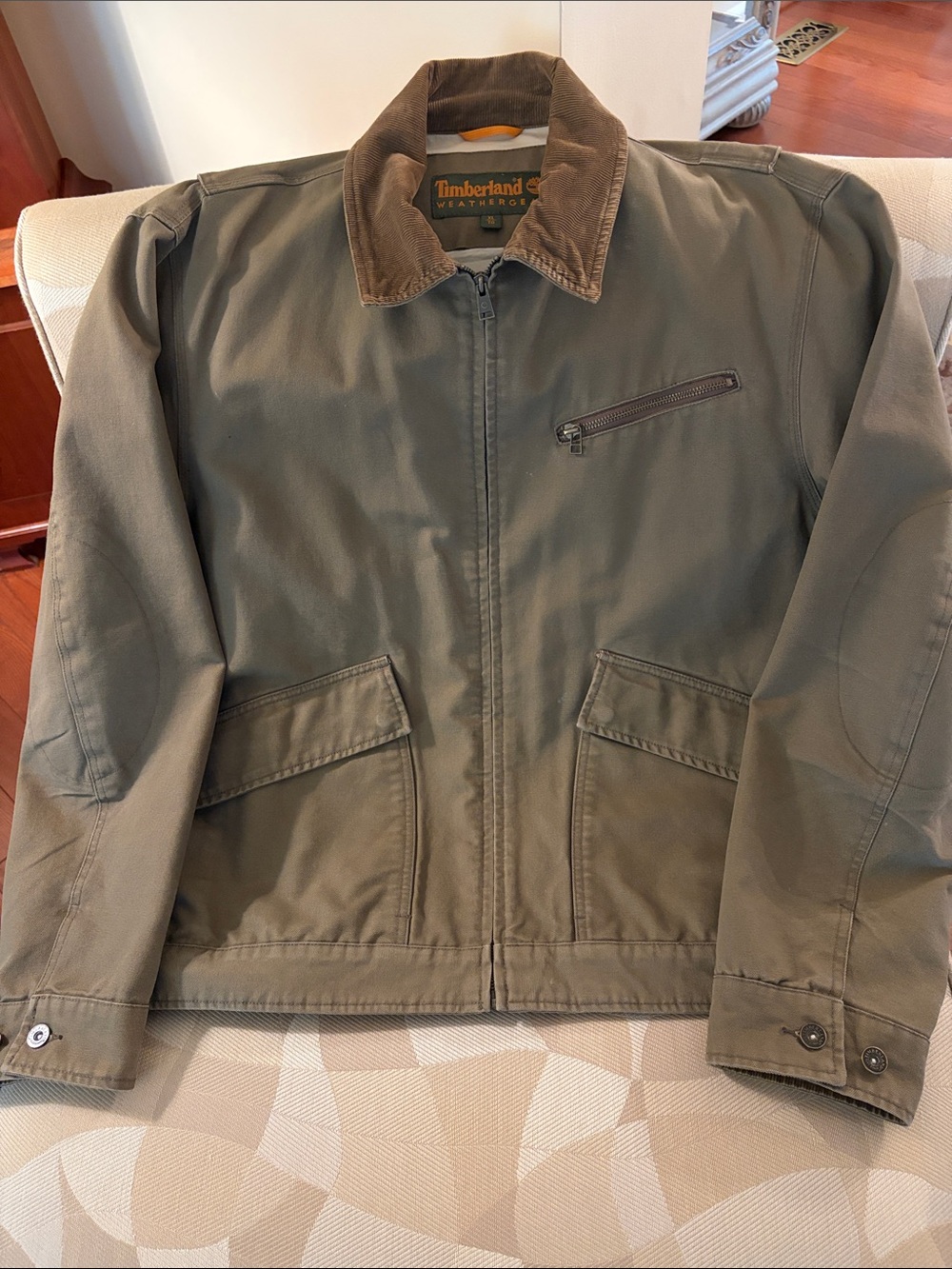 Timberland Olive Green Canvas Field Jacket with Brown Corduroy Collar